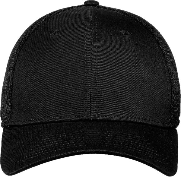 Am image of a Custom New Era Stretch Mesh Cap in Black/Black!