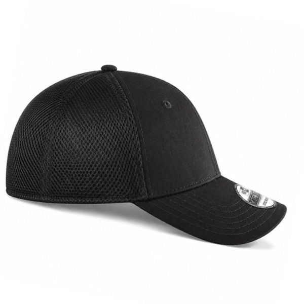 An image of a Custom New Era Stretch Mesh Cap in Black/Black!
