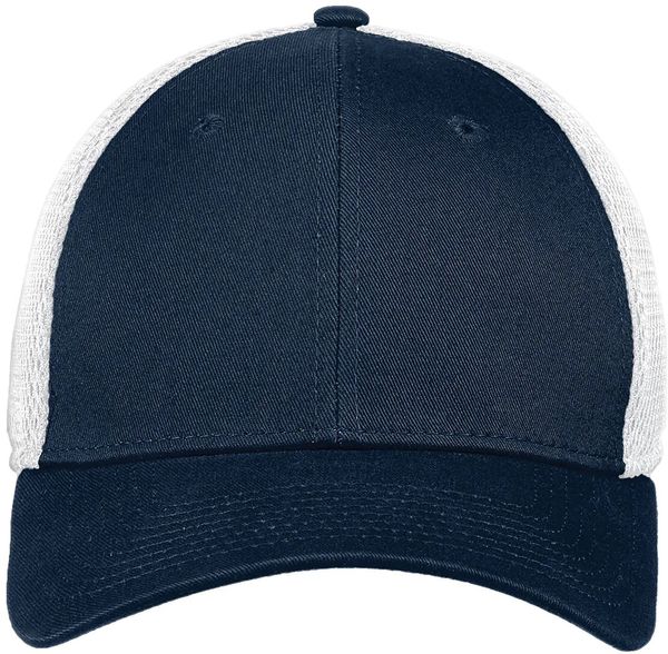 An image of a Custom New Era Stretch Mesh Cap in Deep Navy/White!