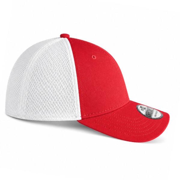 An image of a Custom New Era Stretch Mesh Cap in Scarlet/White!