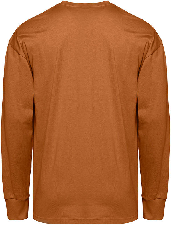 Am image of a Custom Next Level Apparel Unisex Heavyweight Cotton Long Sleeve T Shirt in Clay!
