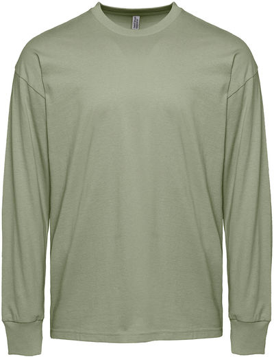 Am image of a Custom Next Level Apparel Unisex Heavyweight Cotton Long Sleeve T Shirt in Light Olive!