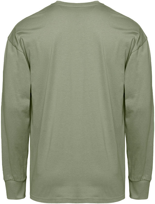 Am image of a Custom Next Level Apparel Unisex Heavyweight Cotton Long Sleeve T Shirt in Light Olive!
