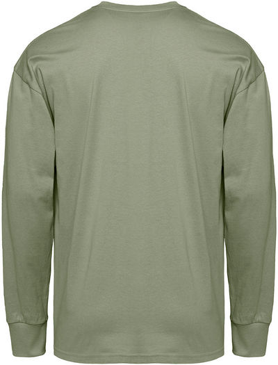 Am image of a Custom Next Level Apparel Unisex Heavyweight Cotton Long Sleeve T Shirt in Light Olive!