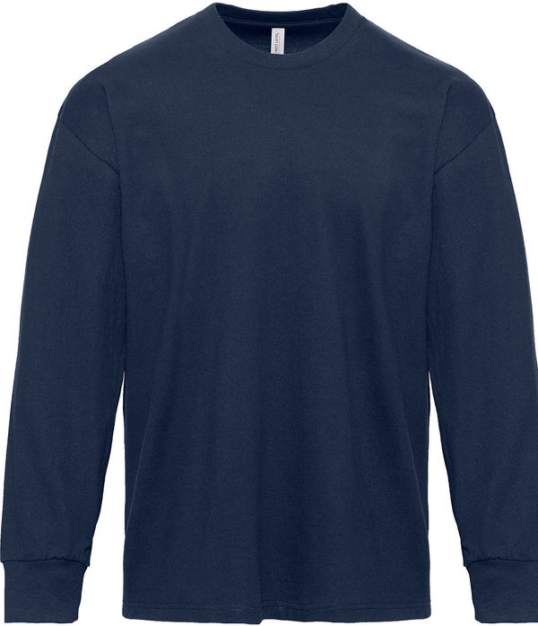 Am image of a Custom Next Level Apparel Unisex Heavyweight Cotton Long Sleeve T Shirt in Midnight Navy!