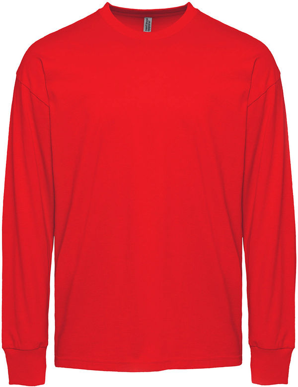 Am image of a Custom Next Level Apparel Unisex Heavyweight Cotton Long Sleeve T Shirt in Red!