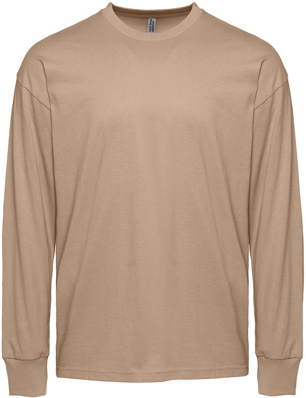 Am image of a Custom Next Level Apparel Unisex Heavyweight Cotton Long Sleeve T Shirt in Tan!
