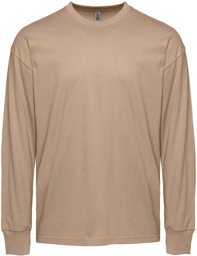 Am image of a Custom Next Level Apparel Unisex Heavyweight Cotton Long Sleeve T Shirt in Tan!
