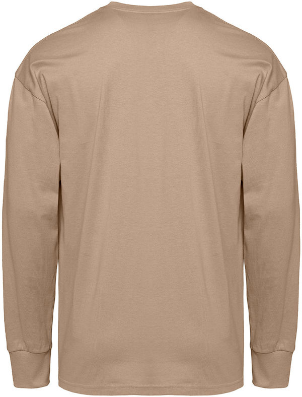 Am image of a Custom Next Level Apparel Unisex Heavyweight Cotton Long Sleeve T Shirt in Tan!