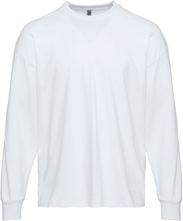 Am image of a Custom Next Level Apparel Unisex Heavyweight Cotton Long Sleeve T Shirt in White!