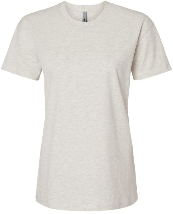 Am image of a Custom Next Level Ladies' Relaxed T Shirt in OATMEAL!