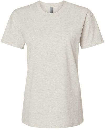 Am image of a Custom Next Level Ladies' Relaxed T Shirt in OATMEAL!