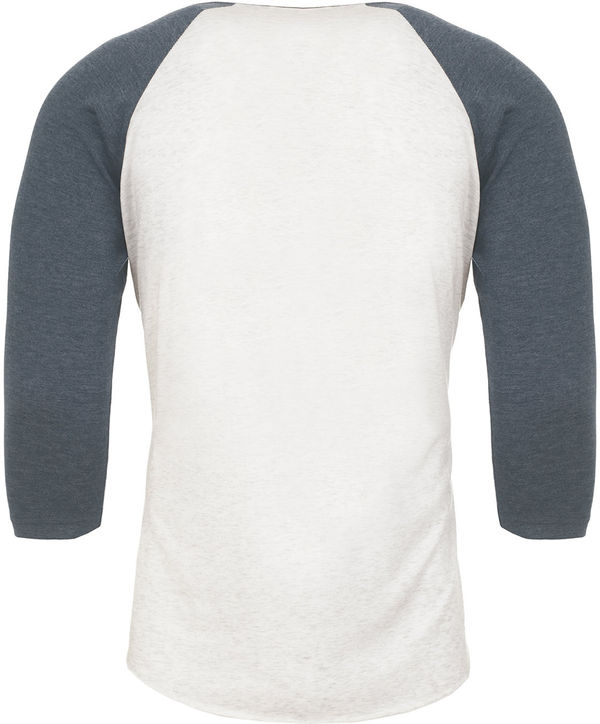 Am image of a Custom Next Level Unisex Tri Blend Sleeve Raglan Tee in Ind/ Hthr White!