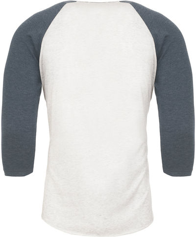 Am image of a Custom Next Level Unisex Tri Blend Sleeve Raglan Tee in Ind/ Hthr White!