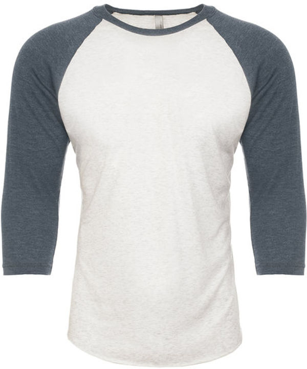 Am image of a Custom Next Level Unisex Tri Blend Sleeve Raglan Tee in Ind/ Hthr White!