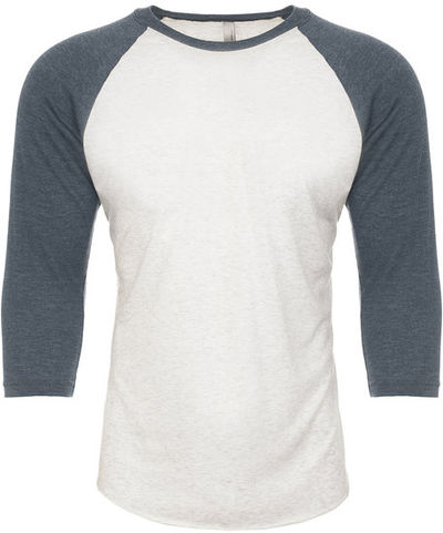 Am image of a Custom Next Level Unisex Tri Blend Sleeve Raglan Tee in Ind/ Hthr White!