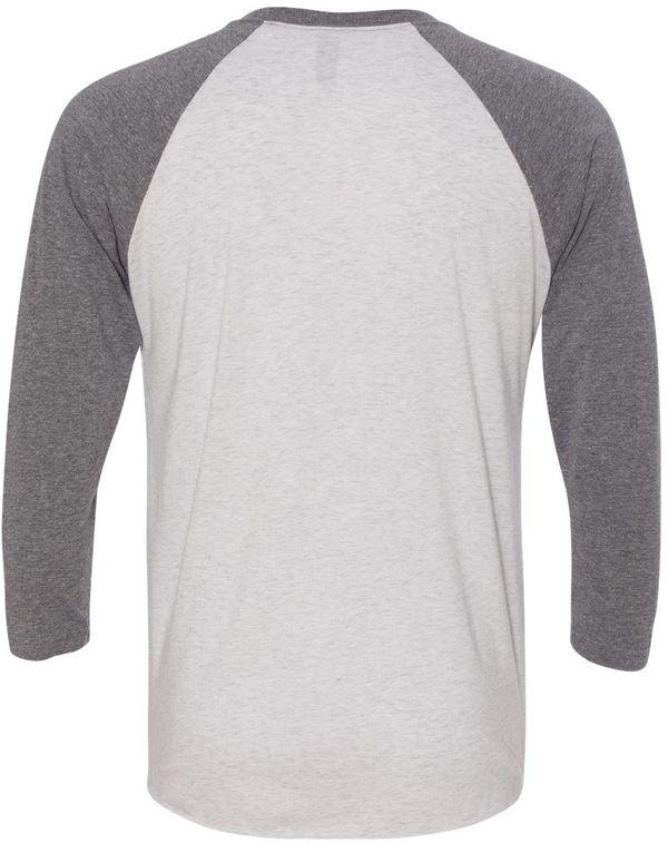 Am image of a Custom Next Level Unisex Tri Blend Sleeve Raglan Tee in Pr Hthr/ Htr Wht!