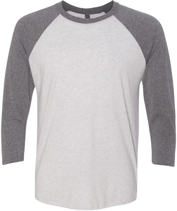 Am image of a Custom Next Level Unisex Tri Blend Sleeve Raglan Tee in Pr Hthr/ Htr Wht!