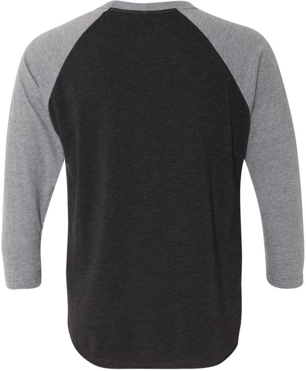 Am image of a Custom Next Level Unisex Tri Blend Sleeve Raglan Tee in Pr Hthr/ Vin Blk!