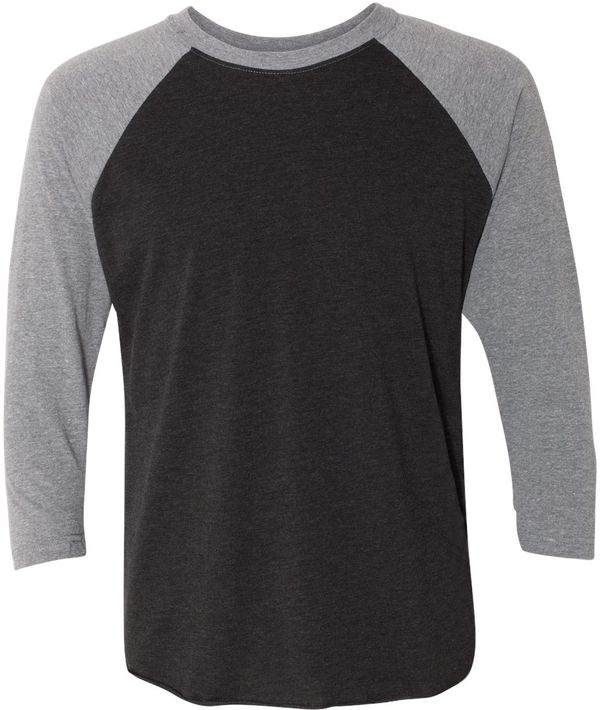 Am image of a Custom Next Level Unisex Tri Blend Sleeve Raglan Tee in Pr Hthr/ Vin Blk!
