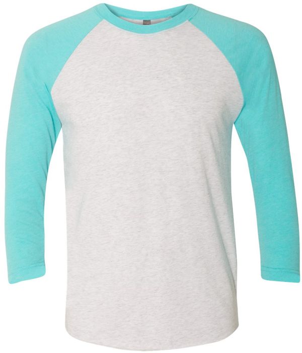 Am image of a Custom Next Level Unisex Tri Blend Sleeve Raglan Tee in T Blue/ Hthr Wht!
