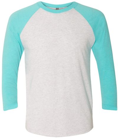 Am image of a Custom Next Level Unisex Tri Blend Sleeve Raglan Tee in T Blue/ Hthr Wht!