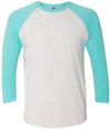 Am image of a Custom Next Level Unisex Tri Blend Sleeve Raglan Tee in T Blue/ Hthr Wht!