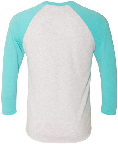 Am image of a Custom Next Level Unisex Tri Blend Sleeve Raglan Tee in T Blue/ Hthr Wht!