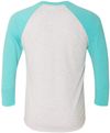 Am image of a Custom Next Level Unisex Tri Blend Sleeve Raglan Tee in T Blue/ Hthr Wht!