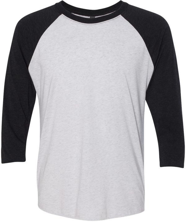Am image of a Custom Next Level Unisex Tri Blend Sleeve Raglan Tee in Vin Bk/ Hthr Wht!