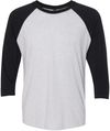 Am image of a Custom Next Level Unisex Tri Blend Sleeve Raglan Tee in Vin Bk/ Hthr Wht!