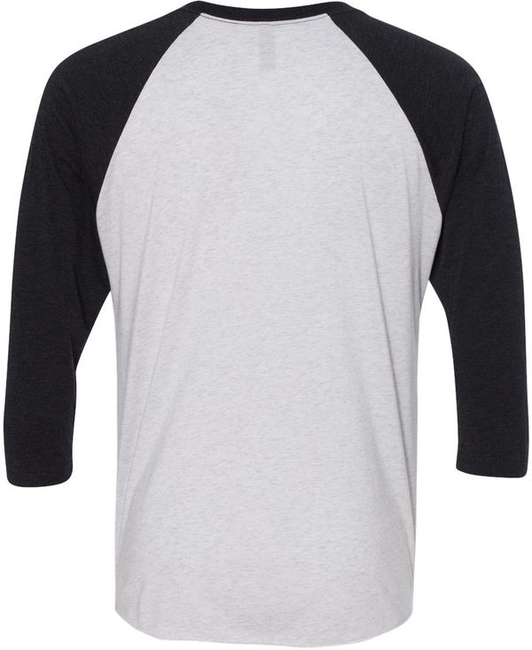 Am image of a Custom Next Level Unisex Tri Blend Sleeve Raglan Tee in Vin Bk/ Hthr Wht!