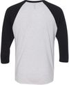 Am image of a Custom Next Level Unisex Tri Blend Sleeve Raglan Tee in Vin Bk/ Hthr Wht!