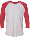 Am image of a Custom Next Level Unisex Tri Blend Sleeve Raglan Tee in Vin Rd/ Hthr Wht!