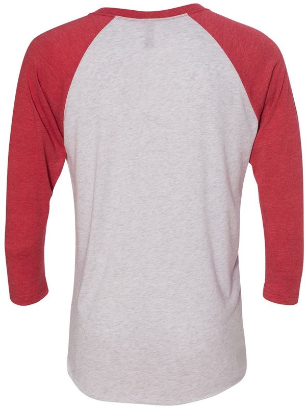 Am image of a Custom Next Level Unisex Tri Blend Sleeve Raglan Tee in Vin Rd/ Hthr Wht!