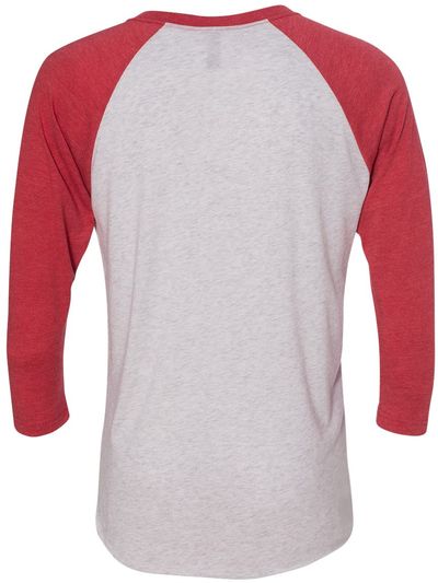 Am image of a Custom Next Level Unisex Tri Blend Sleeve Raglan Tee in Vin Rd/ Hthr Wht!