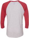 Am image of a Custom Next Level Unisex Tri Blend Sleeve Raglan Tee in Vin Rd/ Hthr Wht!