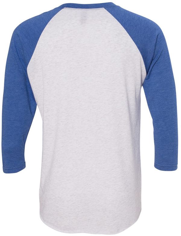 Am image of a Custom Next Level Unisex Tri Blend Sleeve Raglan Tee in Vin Ryl/ Htr Wht!