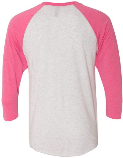 Am image of a Custom Next Level Unisex Tri Blend Sleeve Raglan Tee in Vt Pink/ Htr Wht!