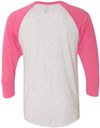 Am image of a Custom Next Level Unisex Tri Blend Sleeve Raglan Tee in Vt Pink/ Htr Wht!