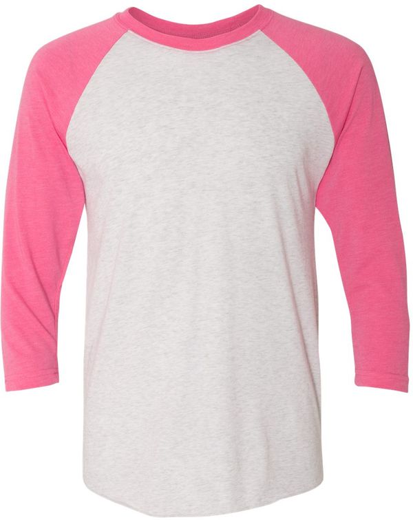 Am image of a Custom Next Level Unisex Tri Blend Sleeve Raglan Tee in Vt Pink/ Htr Wht!