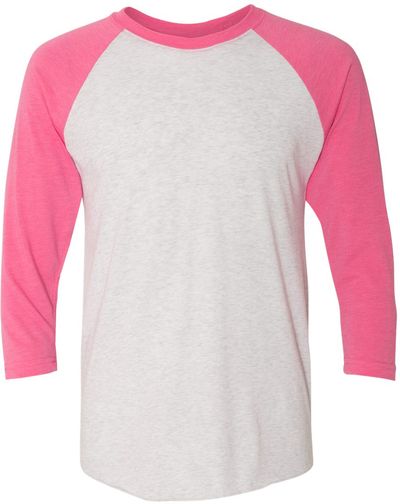 Am image of a Custom Next Level Unisex Tri Blend Sleeve Raglan Tee in Vt Pink/ Htr Wht!