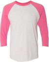 Am image of a Custom Next Level Unisex Tri Blend Sleeve Raglan Tee in Vt Pink/ Htr Wht!