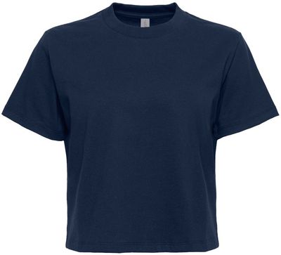 Am image of a Custom Next Level Womens Heavyweight Boxy Shirt in Midnight Navy!