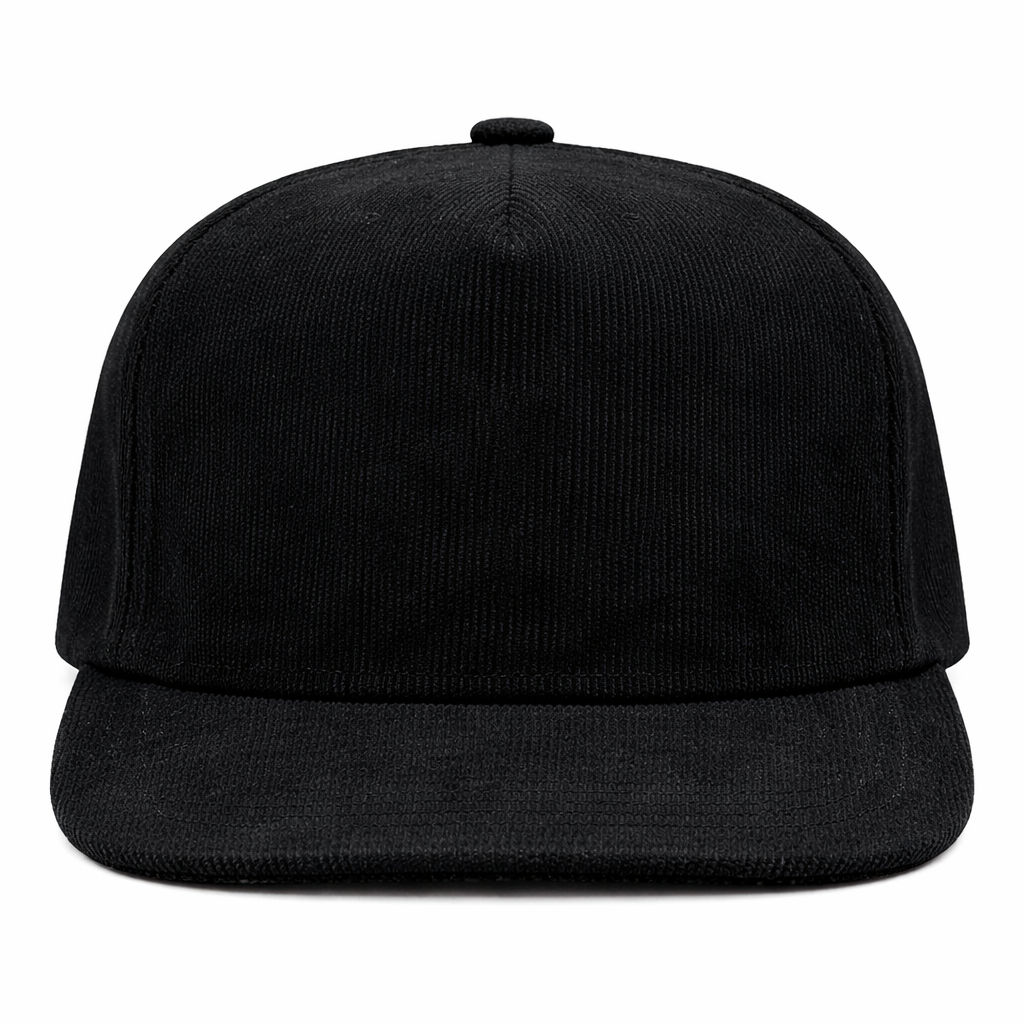 Nissi 5 Panel Flat Bill Corduroy Cap in Black