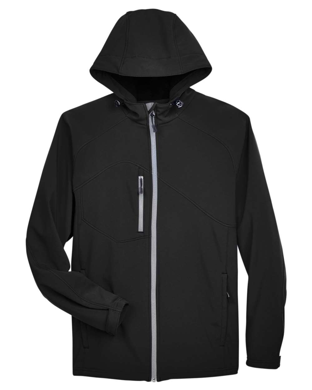 North End Men's Prospect Two Layer Fleece Bonded Soft Shell Hooded Jacket in Black