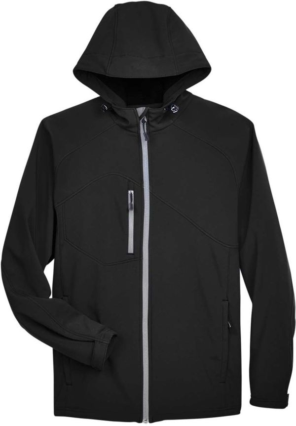 An image of a Custom North End Men's Prospect Two Layer Fleece Bonded Soft Shell Hooded Jacket in Black!