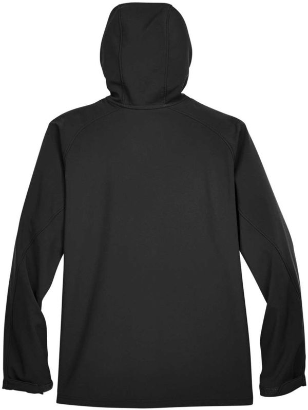 An image of a Custom North End Men's Prospect Two Layer Fleece Bonded Soft Shell Hooded Jacket in Black!