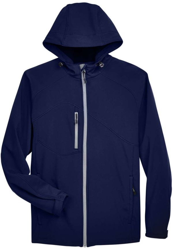 An image of a Custom North End Men's Prospect Two Layer Fleece Bonded Soft Shell Hooded Jacket in Classic Navy!