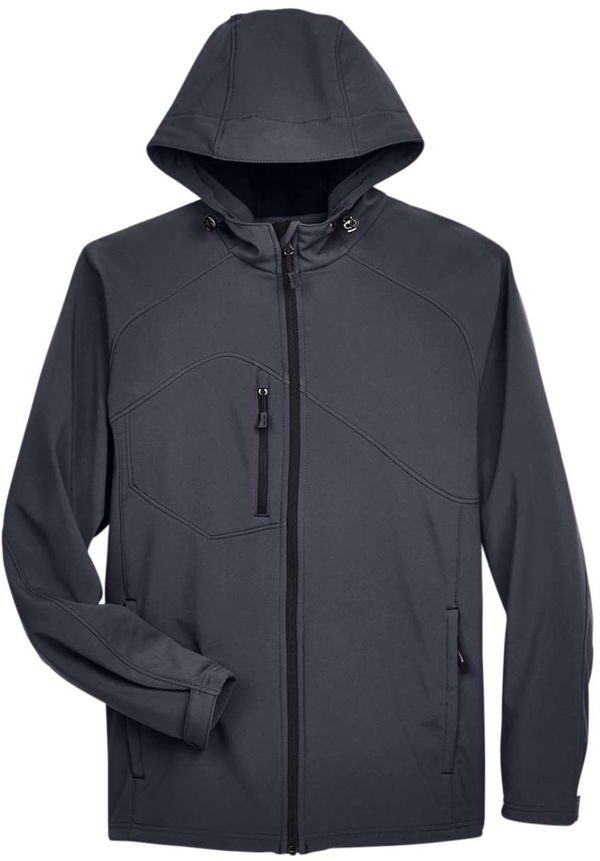 An image of a Custom North End Men's Prospect Two Layer Fleece Bonded Soft Shell Hooded Jacket in Fossil Grey!